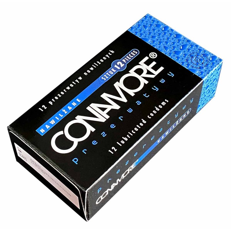 Czarno-niebieskie opakowanie CONAMORE Wet 12 sztuk, grafika kropli wody, karton