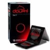 Black and purple Dolphi 3-in-1 condoms box 12pcs with icons for warming, dotted, ribbed