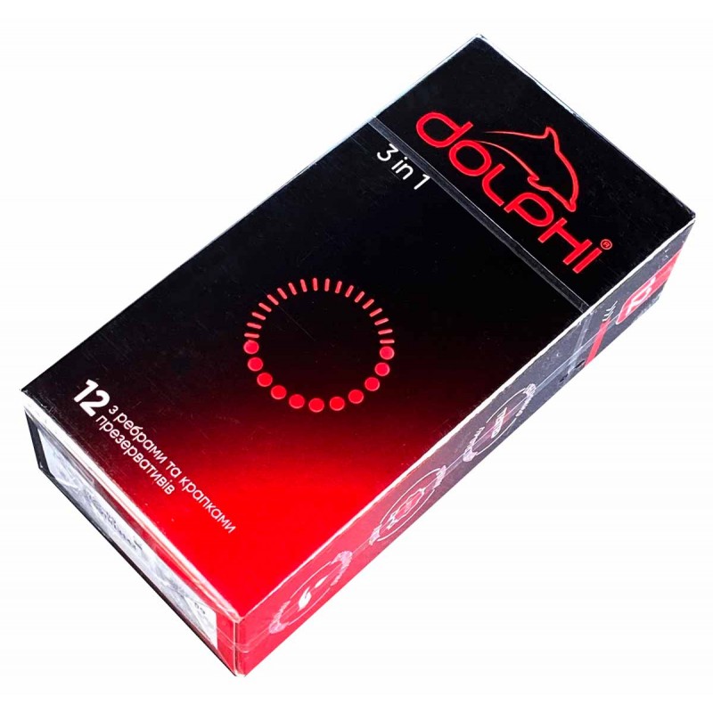 Три синие коробки Dolphi 3 in 1, надпись 12 презервативов, иконки капля, пламя, часы