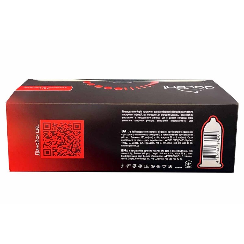 Blue Dolphi 3-in-1 condoms box with 48 pieces, icons for warming, dotted, and ribbed texture