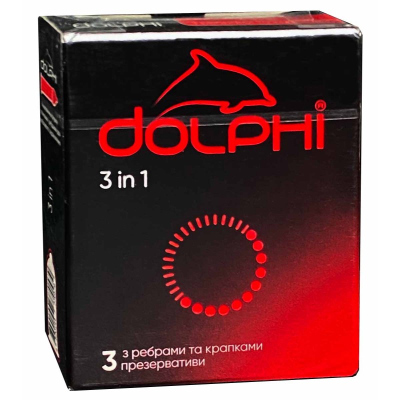blue and silver Dolphi 3-in-1 condoms box with 3 pieces, icons for warming, delay, and extra lubrication