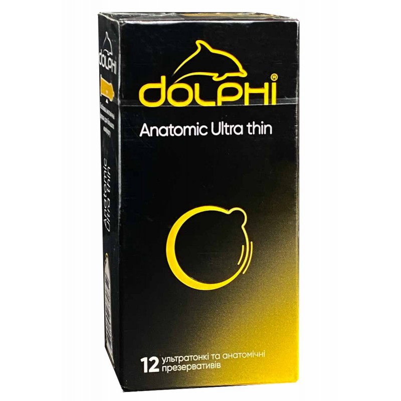 Черная упаковка Dolphi Anatomic ultra thin, 12 штук, серебристые и синие элементы, надпись ultra thin
