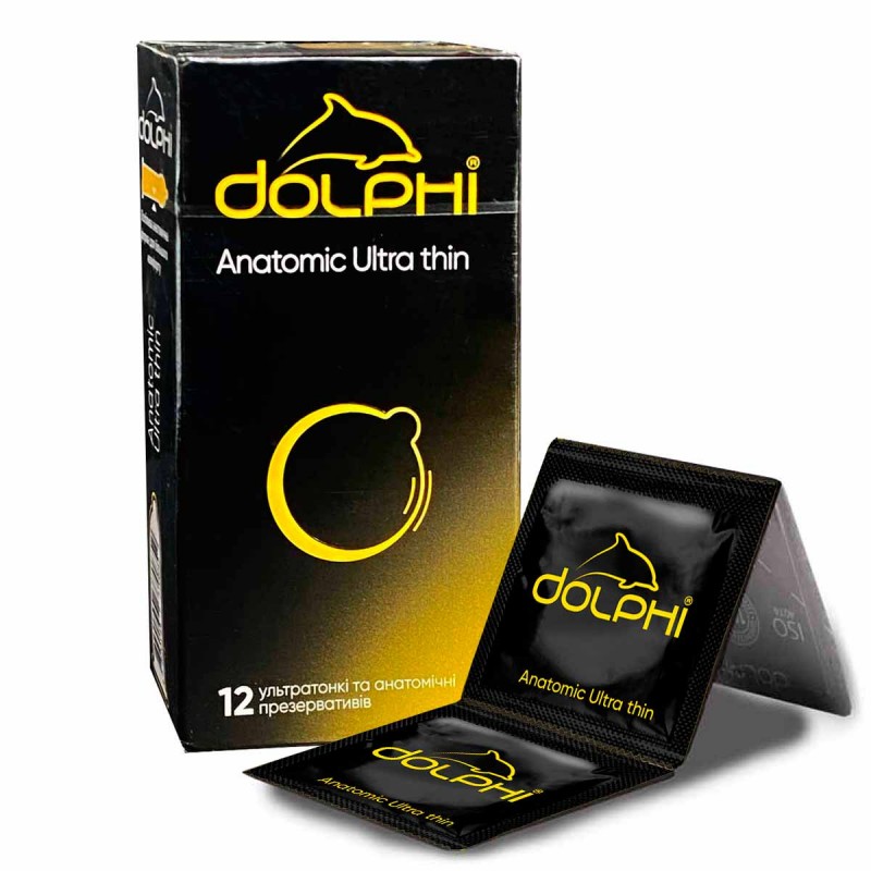 Four Dolphi condom boxes in assorted colors with ultrathin, anatomic and classic labels