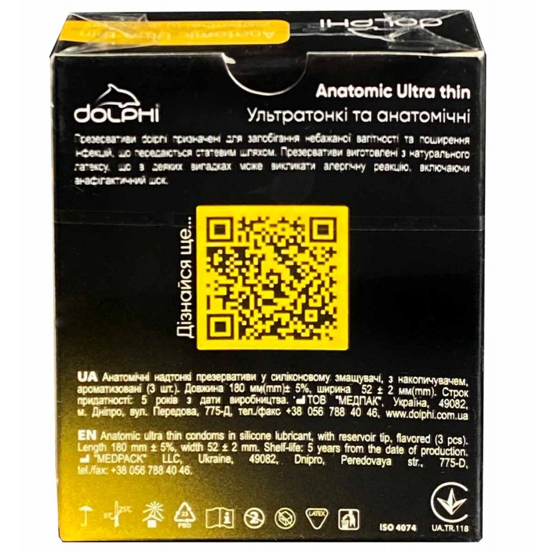 Czarno-niebieskie opakowanie Dolphi Anatomic Ultra Thin 3 sztuki, matowy karton, liczba 3