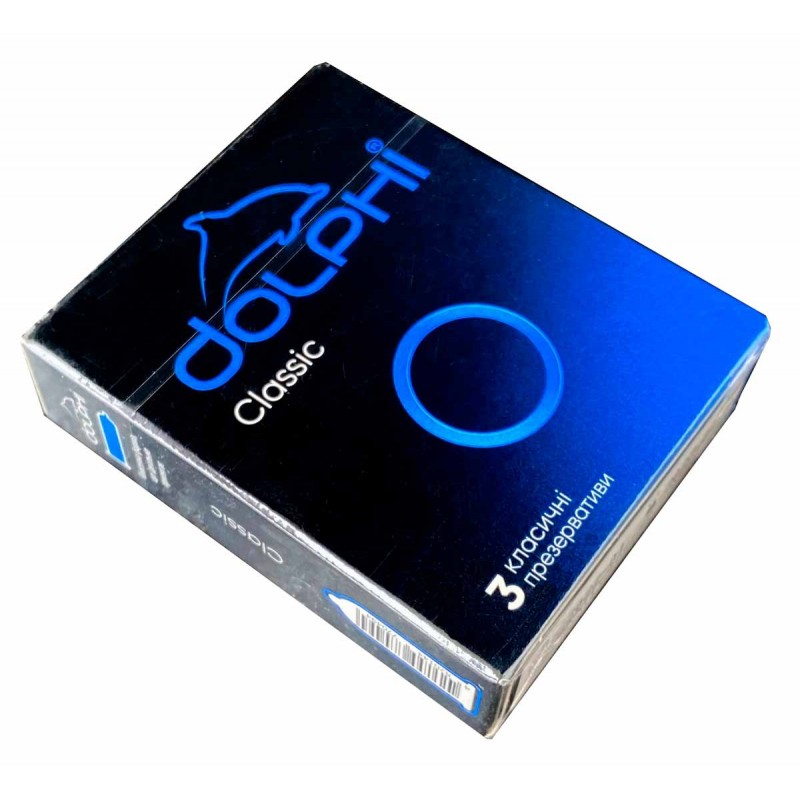 Blau-weiße Dolphi Classic Kondomverpackung aus Karton, 3 Stück, Classic-Variante