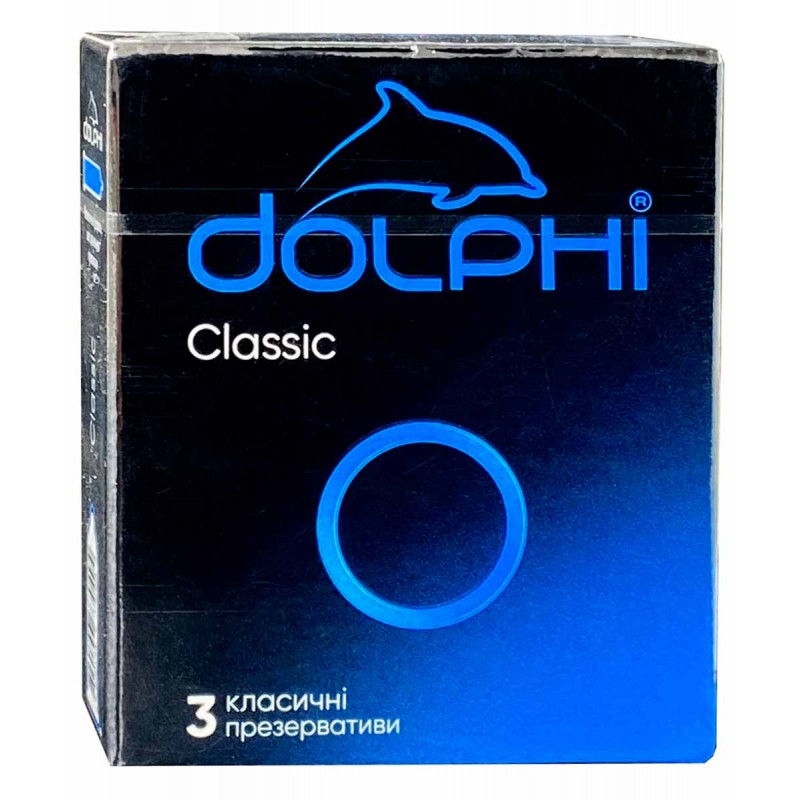 Blau-weiße Dolphi Classic Kondomverpackung mit 3 Stück, Karton, Markenlogo, Menge sichtbar