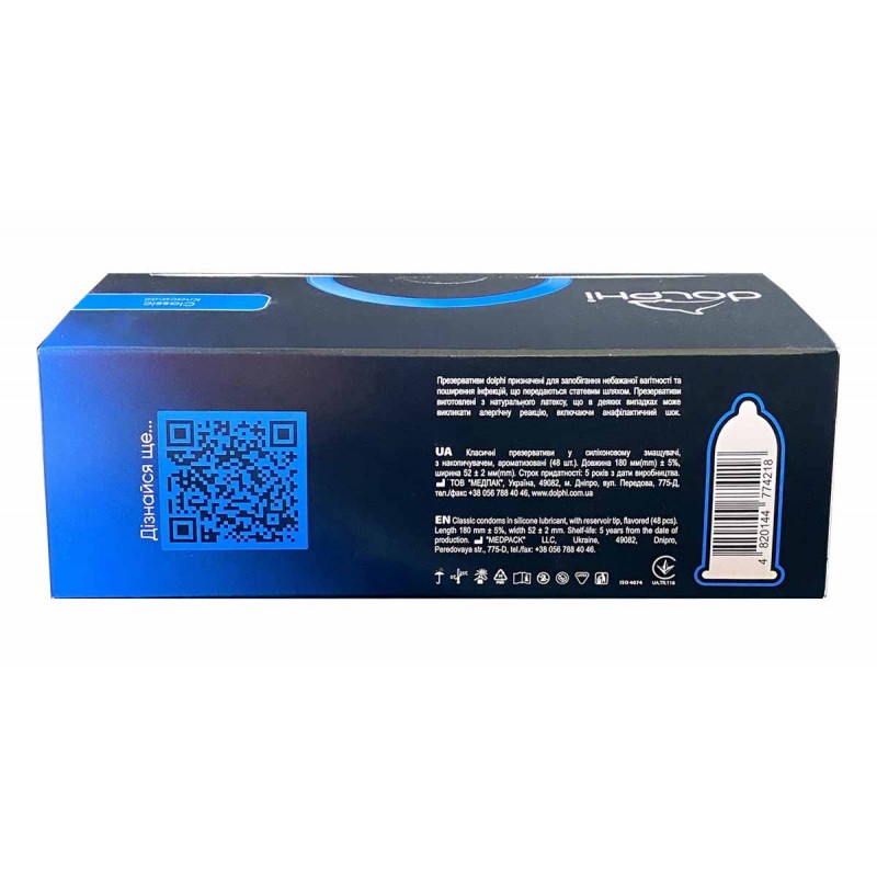 Blue and white Dolphi Classic condoms box with 48 pieces indicated and simple design