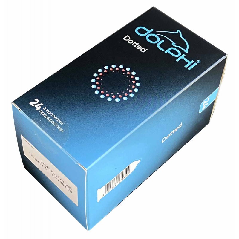 Dolphi Dotted Präservative 24 Stück, schwarze Verpackung mit gelben Punkten, Karton