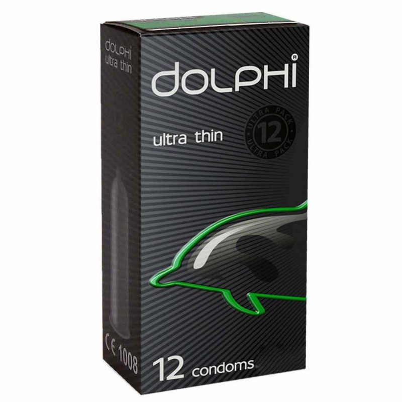 Blue and white Dolphi Ultra Thin condoms box with 12 pieces highlighted on cardboard packaging