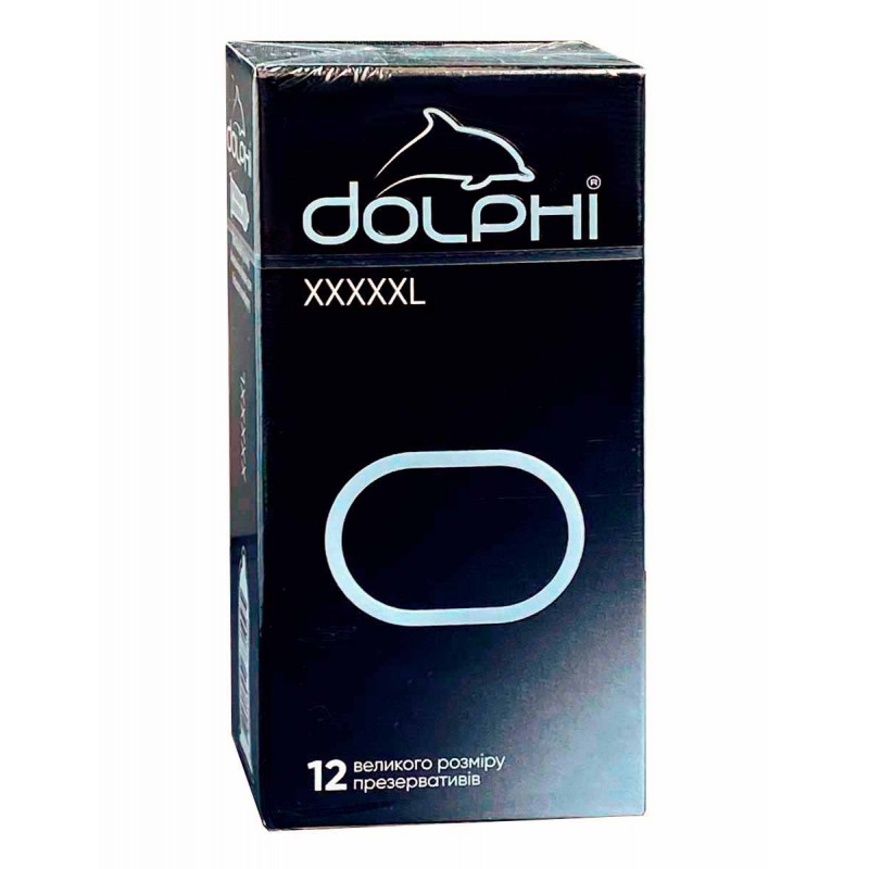 Black and blue Dolphi XXXXXL condom box with white text and 12 pcs label