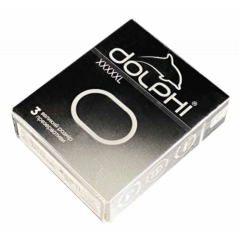 Black and gold Dolphi XXXXXL condoms box with three pieces indicated, matte cardboard packaging