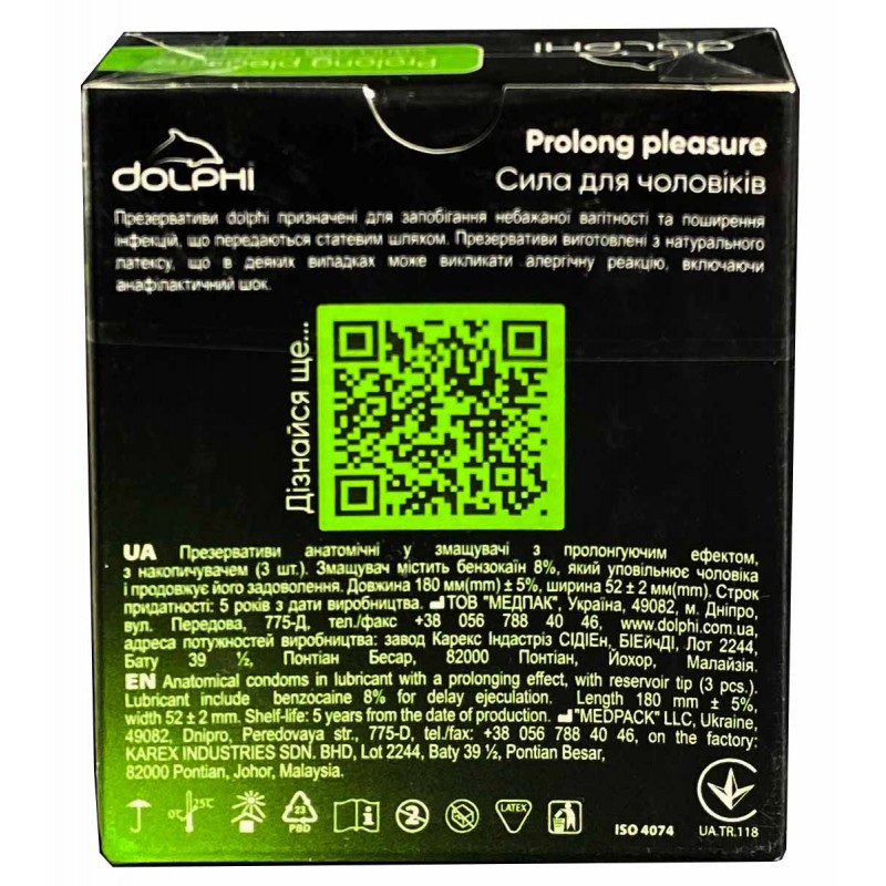 Dolphi Prolong Pleasure condoms blue cardboard box with 3 pieces and clock icon