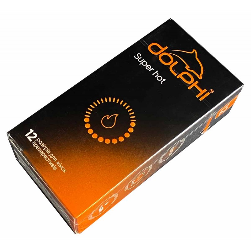 Red and black Dolphi Super Hot condoms box with 12 pieces and flame icon