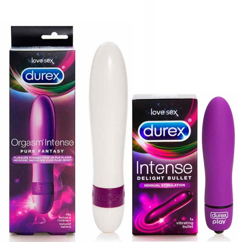 Durex Intense Pure Fantasy purple vibrator in transparent plastic packaging with purple accents