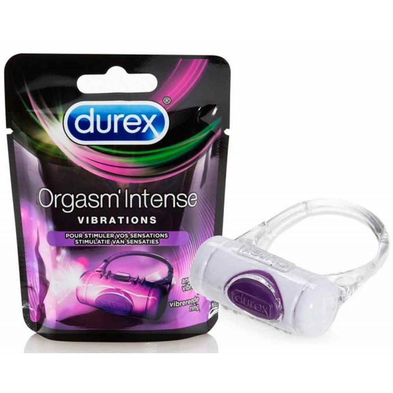 Фіолетова упаковка Durex Intense Vibrations, білий логотип, зображення вібратора