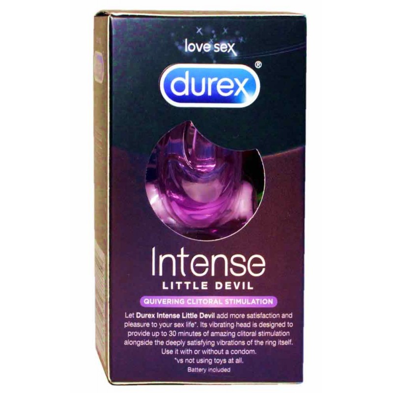 Fioletowo-różowe opakowanie Durex Intense Little Devil z ilustracją pierścienia wibracyjnego