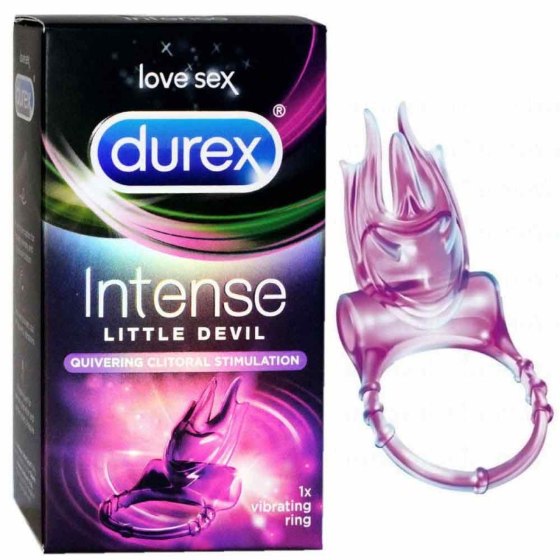 Фіолетова картонна упаковка Durex Little Devil з червоним написом, ілюстрацією диявола