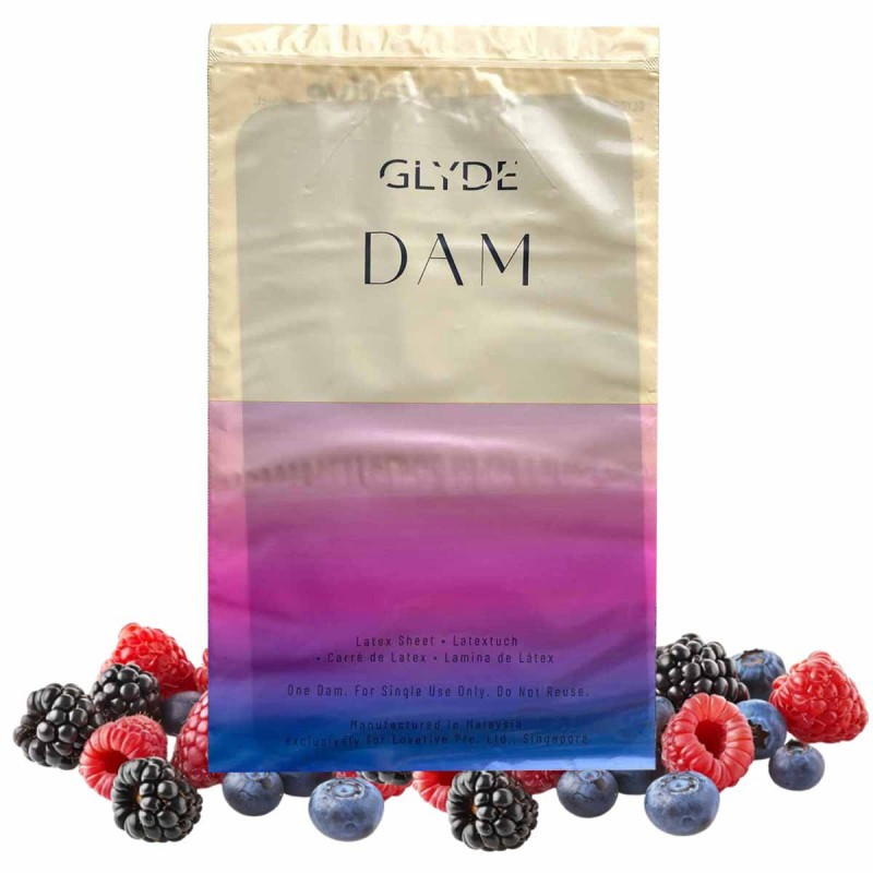 Purple packaging with Sheer Glyde branding, wildberry flavor, 4 latex oral dams, 4 pieces