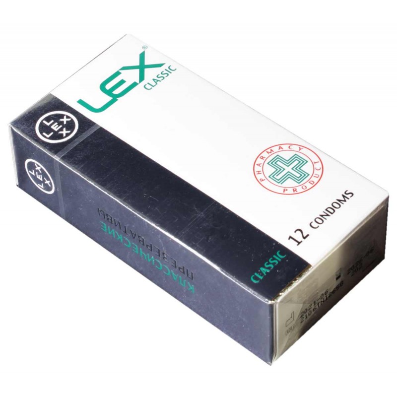 czerwono-białe opakowanie kartonowe LEX Classic 12 sztuk, logo marki, liczba prezerwatyw