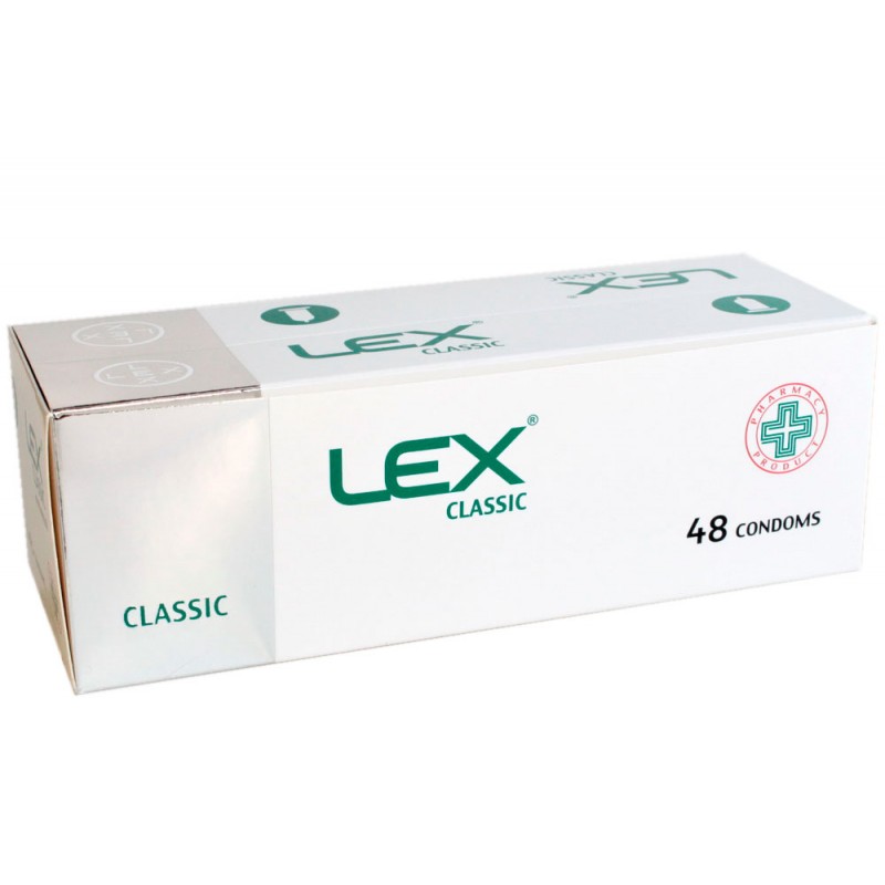 Упаковка синих презервативов LEX Classic 48 штук, картон, логотип, крупная цифра 48