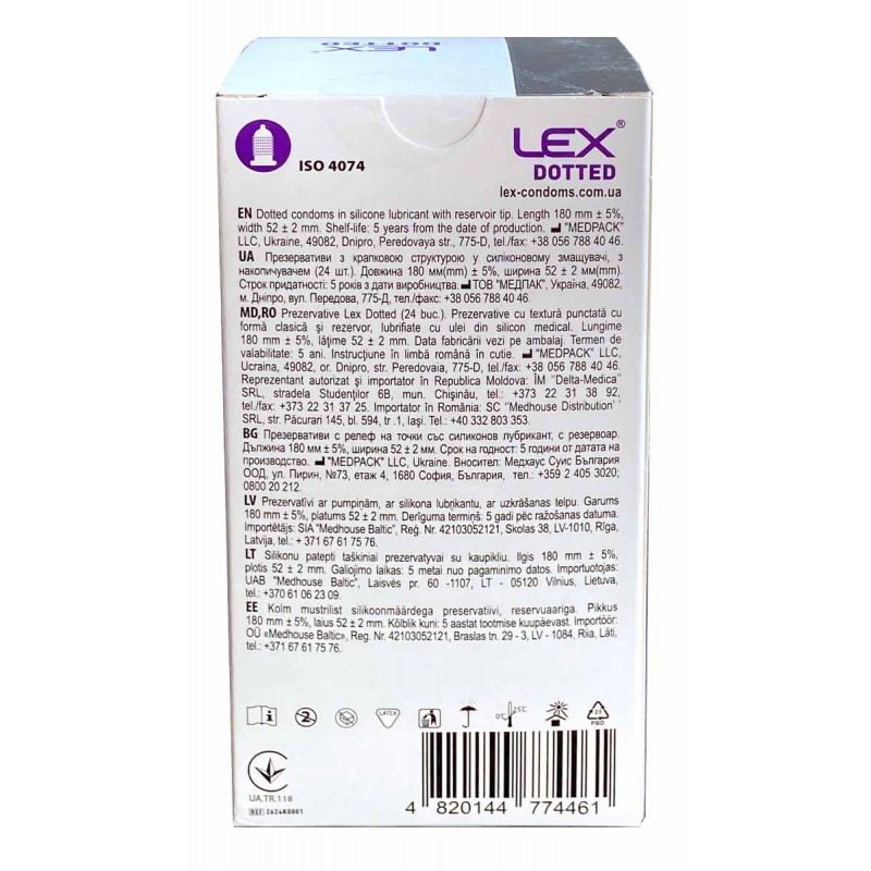Чорна картонна упаковка з жовтими написами LEX Dotted 24 презервативи, зображення презерватива