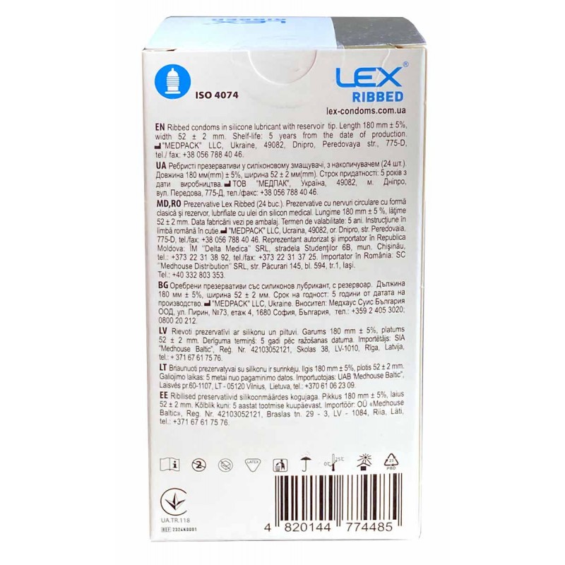 Червона картонна упаковка LEX Ribbed, 24 презервативи, рельєфна структура, логотип LEX
