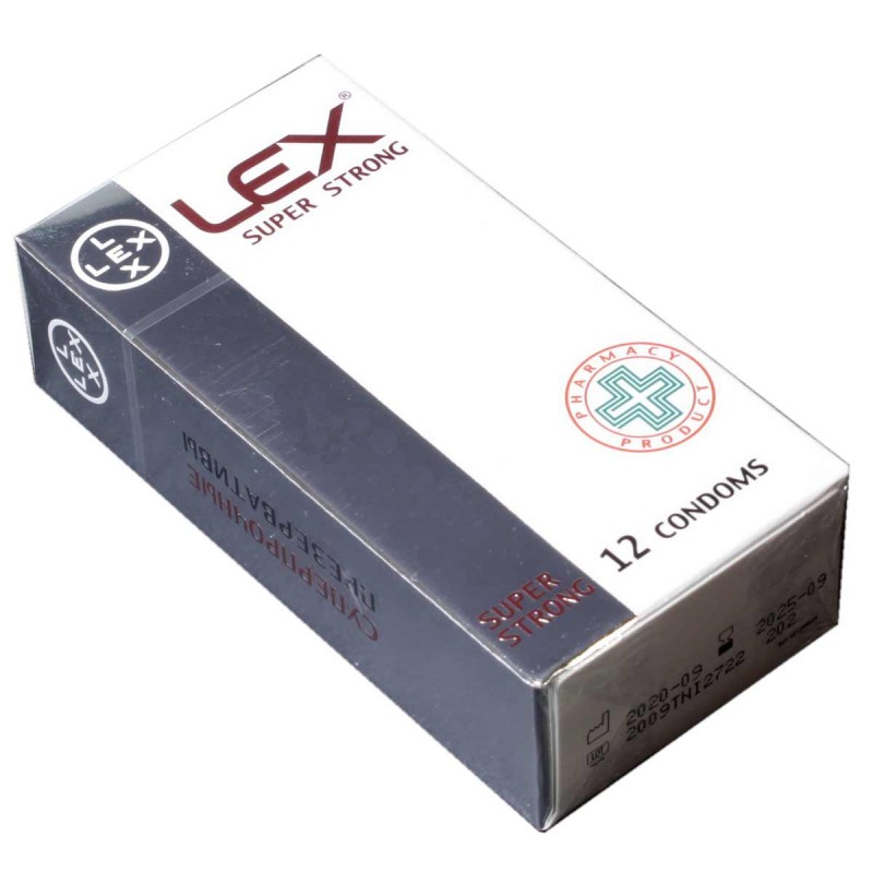 Czerwone opakowanie kartonowe LEX Super Strong 12 sztuk z białym logo i złotymi akcentami