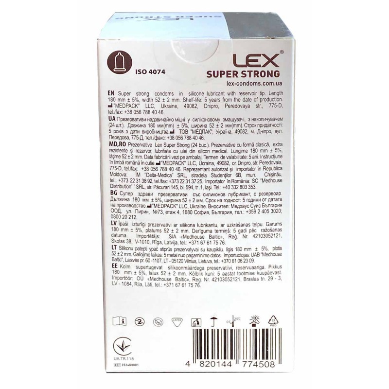 Black and red LEX Super Strong condoms box with 24 pieces marked on cardboard packaging