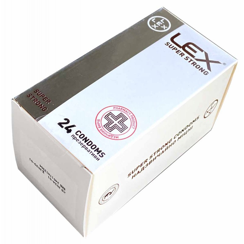 Blue and white LEX Super Strong condoms box with gold accents and 24 pieces label