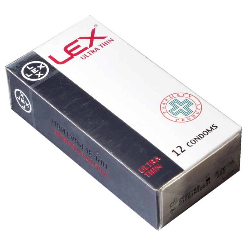 Czerwone opakowanie LEX Ultra Thin 12 sztuk, matowy karton, liczba sztuk i logo marki