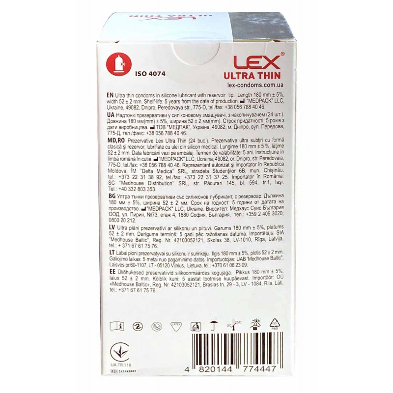 Czerwone opakowanie kartonowe LEX Ultra Thin 24 sztuki, grafika prezerwatywy, napis Ultra Thin