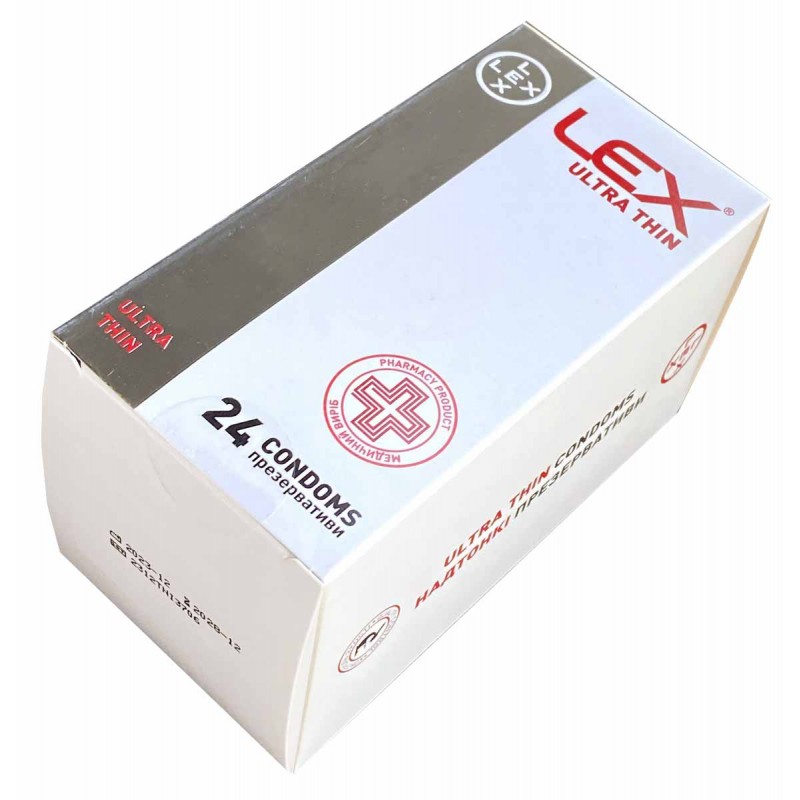 Czerwono-czarne opakowanie prezerwatyw LEX Ultra Thin 24 sztuki, matowy karton