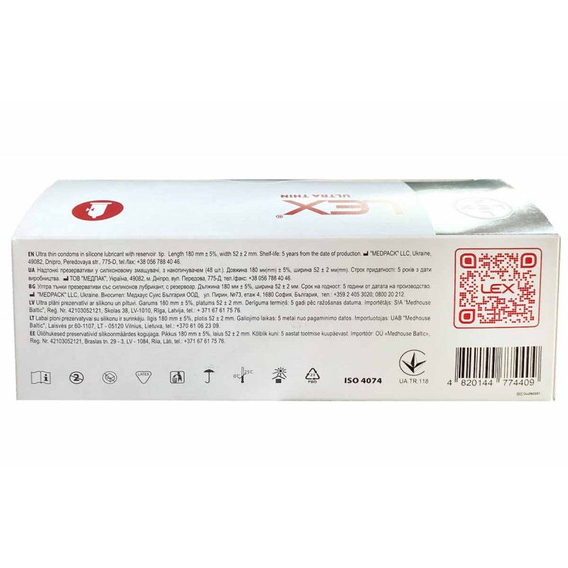 Blue and silver LEX Ultra Thin condoms box with 48 pieces and thinness indicator