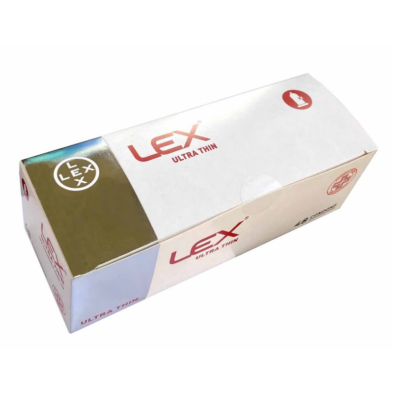 LEX Ultra Thin condoms 48-pack in white and blue box with red accents and thinness icon