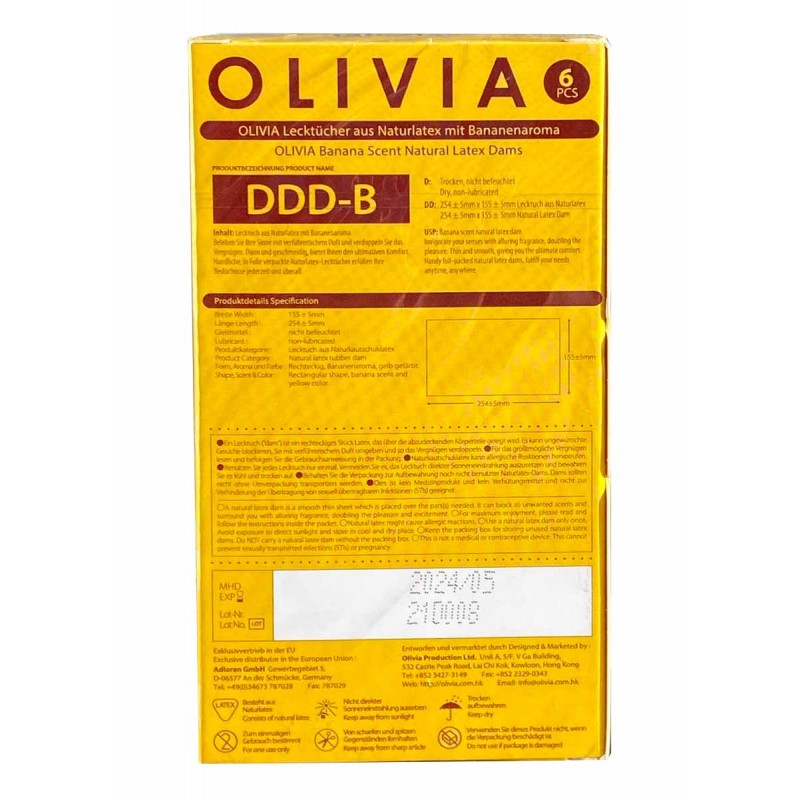 Yellow Olivia Oral Dams Banana packaging with banana illustration and 6 pieces info