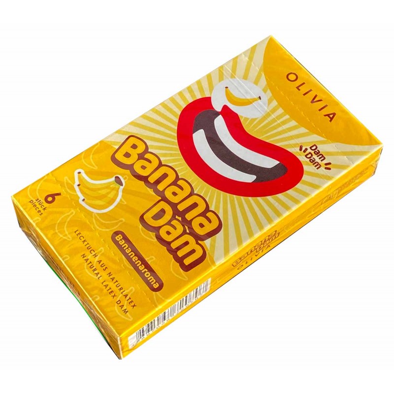 Yellow Olivia Oral Dams Banana latex napkins pack with banana image and 6 pieces info