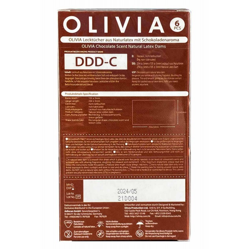 Braune Verpackung aus Karton mit Olivia-Logo, 6 Stück, Schokolade, Oral Dams