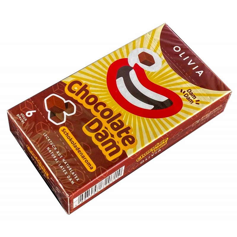 Braune Verpackung mit Olivia-Logo, Text Schokolade, 6 Stück, glatte Kartonoberfläche