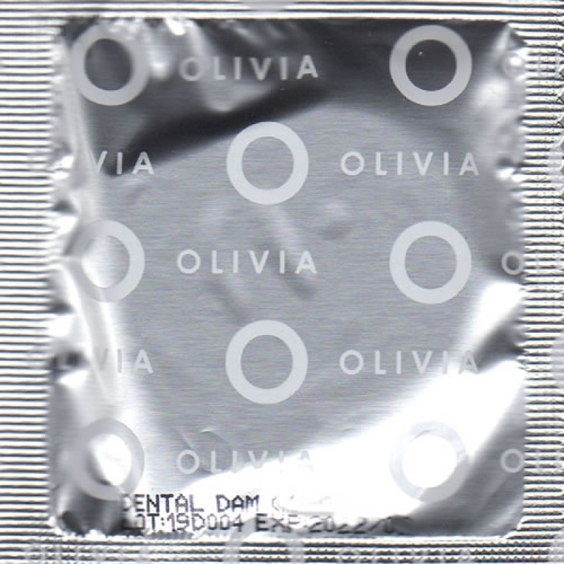 Yellow Olivia latex oral dams banana flavor 6pcs pack with banana graphic