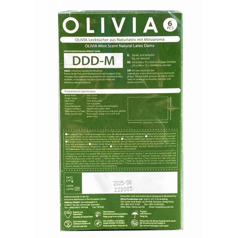 Mint green Olivia Oral Dams pack with menthol icon and 6 pieces indicated