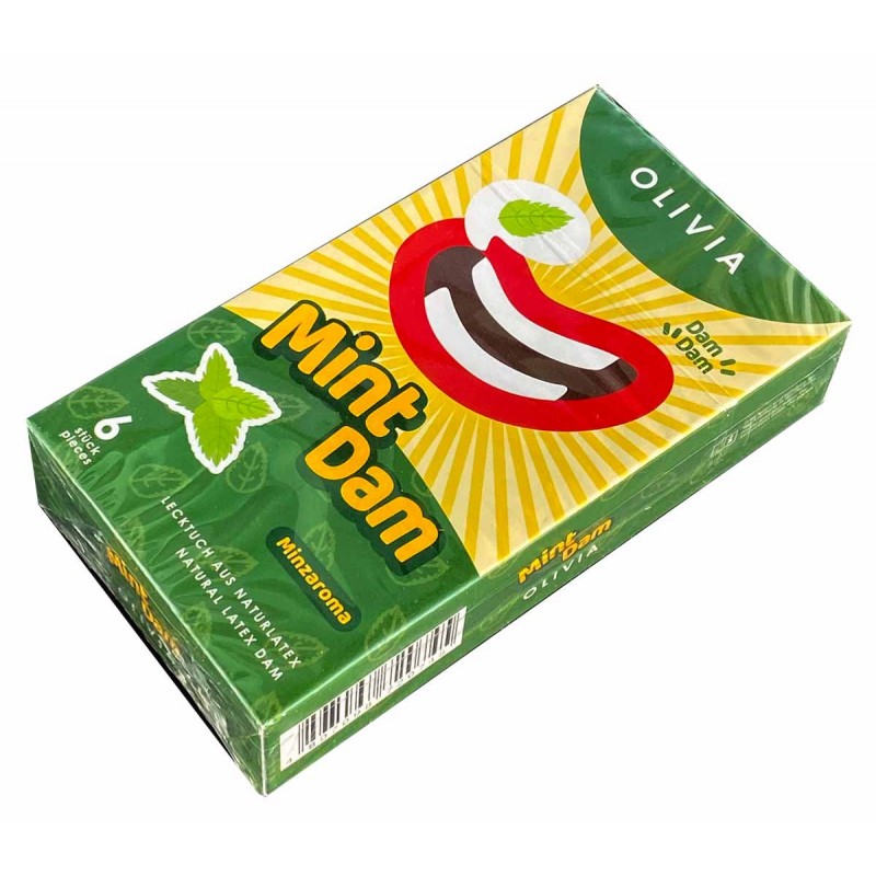 Olivia green and white cardboard box with mint icons and menthol flavor text, 6 latex dams