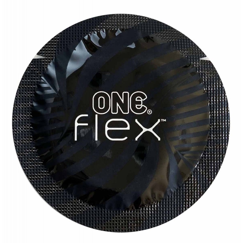 Чорно-фіолетова картонна упаковка ONE Flex 10 шт з графеном, латекс, іконки характеристик