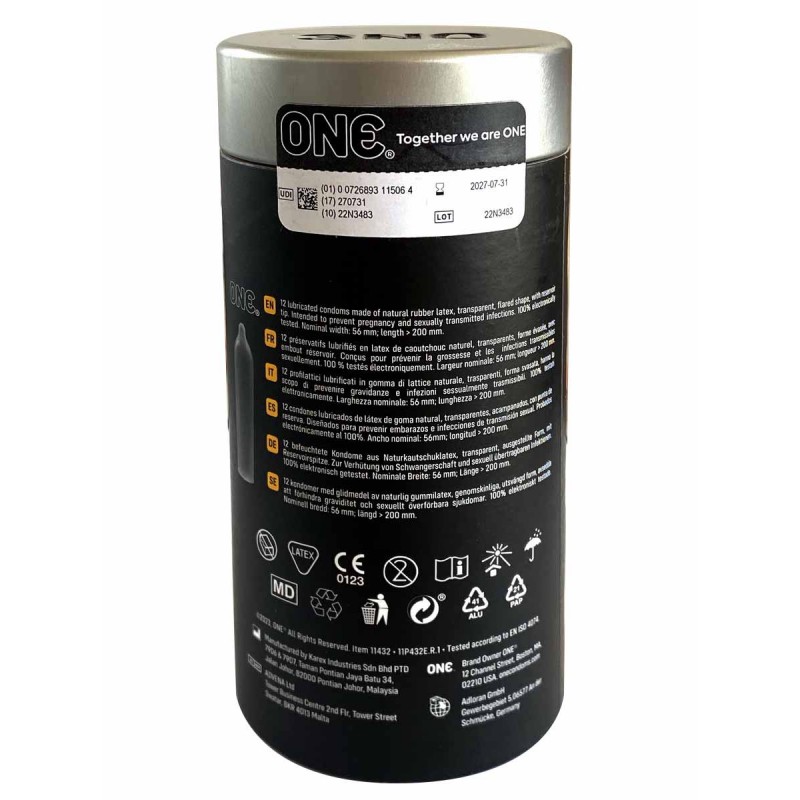 Schwarze Kartonverpackung mit ONE Logo, goldener Schrift und Aufschrift XL, 12 Kondome, spezielle Form