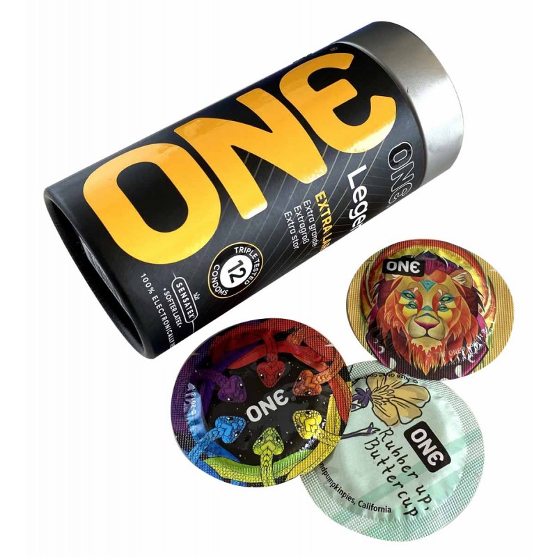 Schwarze und goldene Kartonverpackung mit ONE-Logo, 12 XL Kondome, spezielle Form
