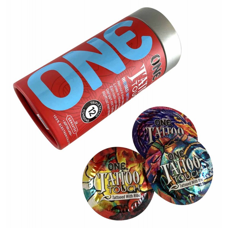 Schwarze ONE Tattoo Touch Kondome Packung mit buntem Tattoo-Design, 12 Stück, strukturierte Oberfläche