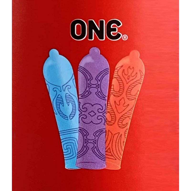 Schwarze Kondomverpackung mit buntem Tattoo-Design, ONE-Logo, 12 Stück, strukturierte Oberfläche