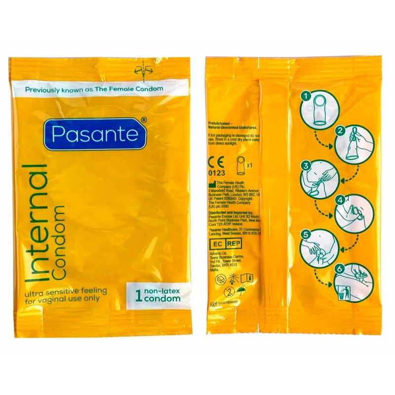 Blau-weiße Kartonverpackung Pasante Internal Condom mit 3 Stück, transparente Folienstruktur