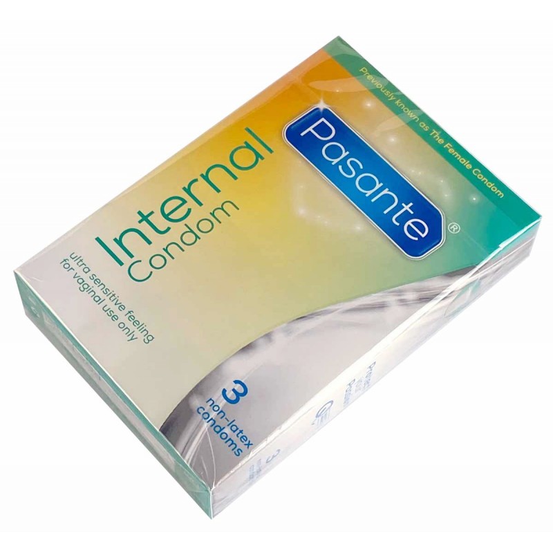 Transparente Verpackung mit lila und weißem Pasante-Logo, 3 Stück, interne Kondome