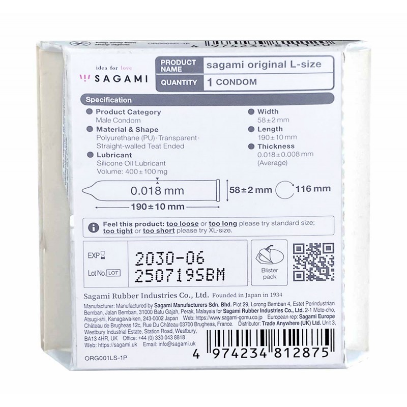 Prezerwatywy poliuretanowe Sagami Original 0.01 L-Size (duży rozmiar) 1 szt.