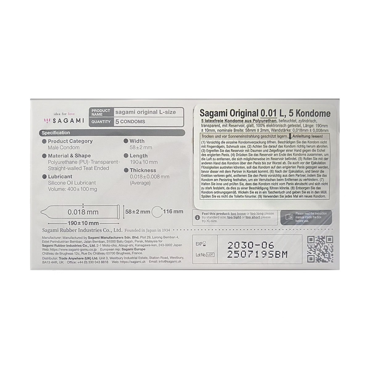 Sagami Original 0.01 Polyurethan-Kondome L-Größe, hauchdünn, 5 Stk.